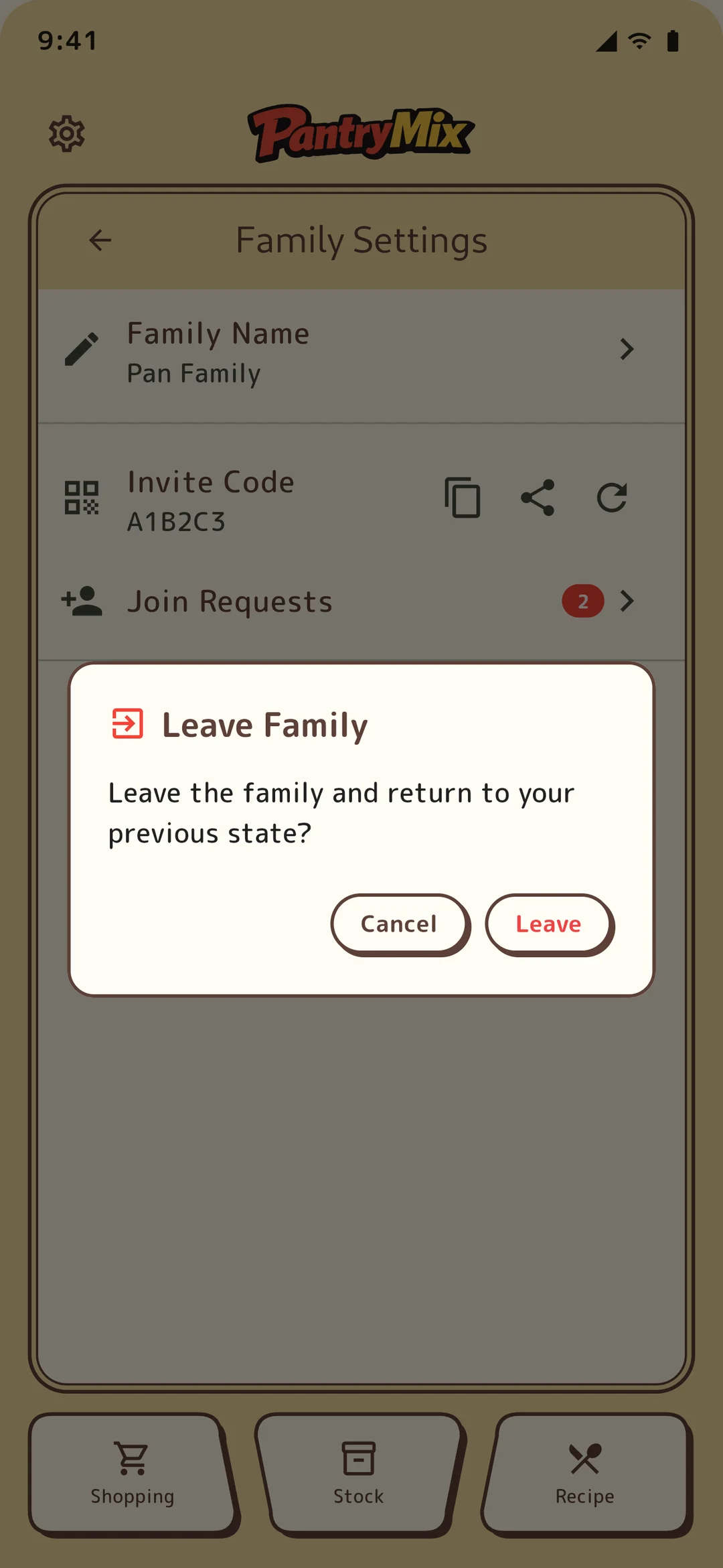Leave family confirmation dialog.