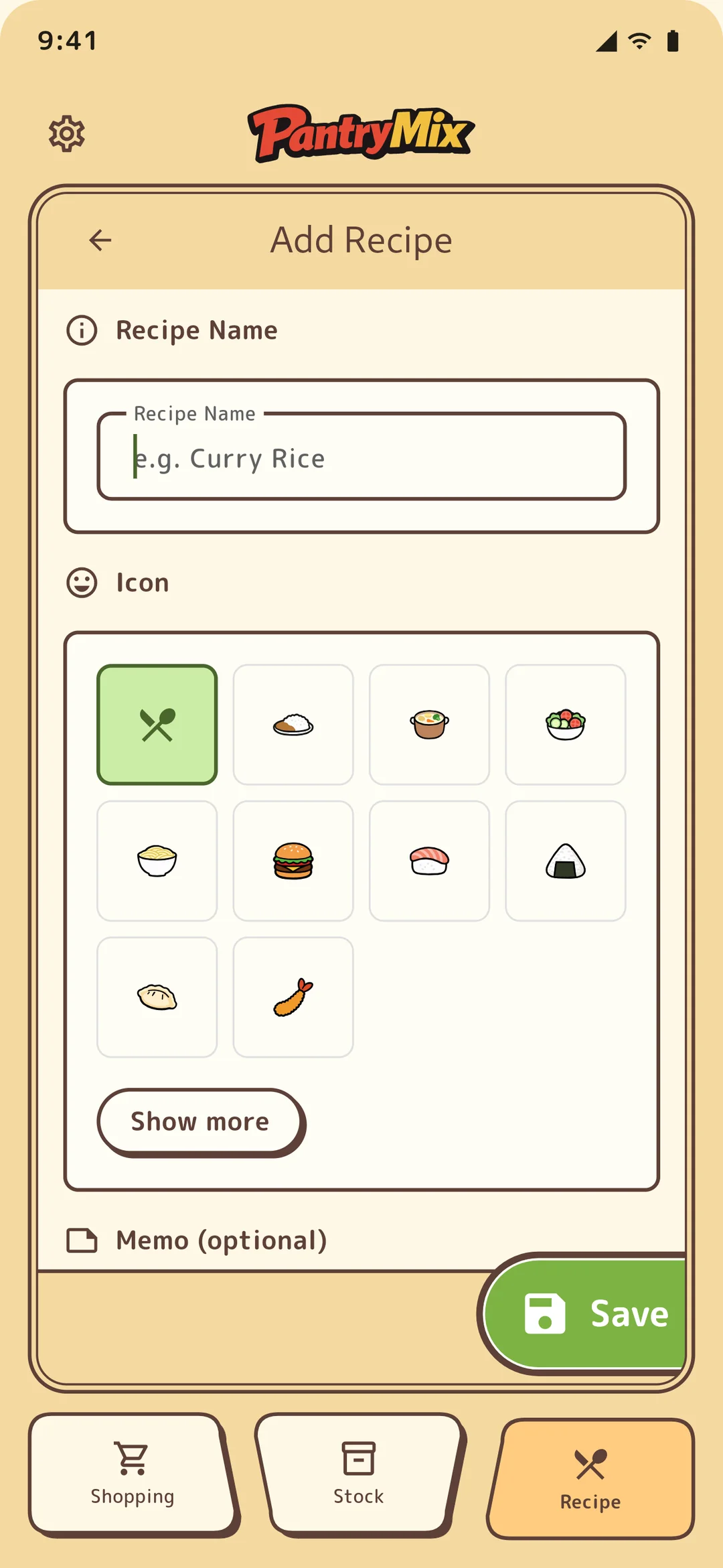 Recipe add and edit screen.